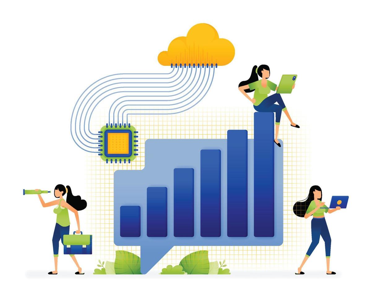 illustration of discussion and analysis of chart increases in corporate reports that are managed by artificial intelligence chips. design can be used for landing page, startup apps, web page, ads vector