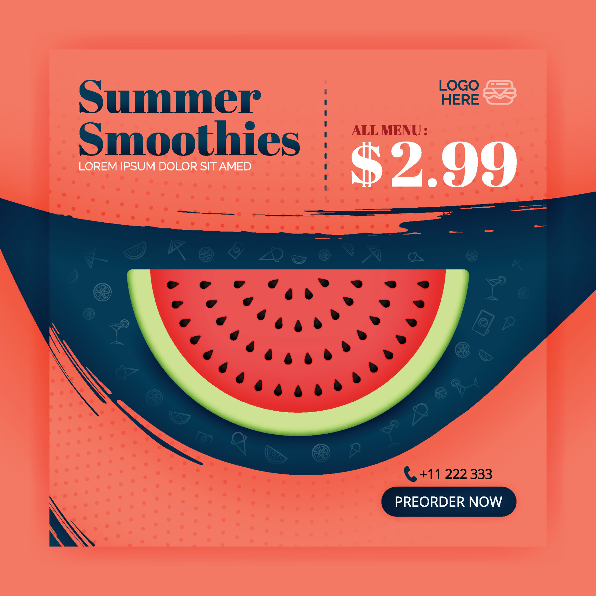 watermelon summer smoothies social media post. Poster for food beverage
