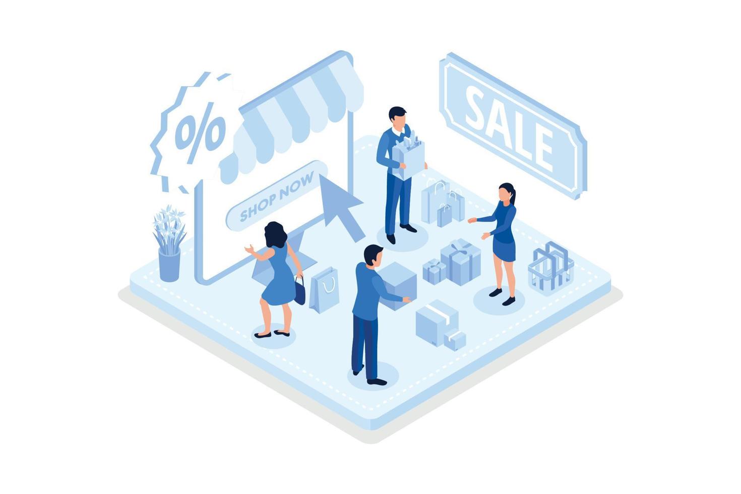 Character Standing near Shopping Discount Voucher. Reward Gifts and Money. Cashback and Customer Loyalty Program Concept, isometric vector modern illustration