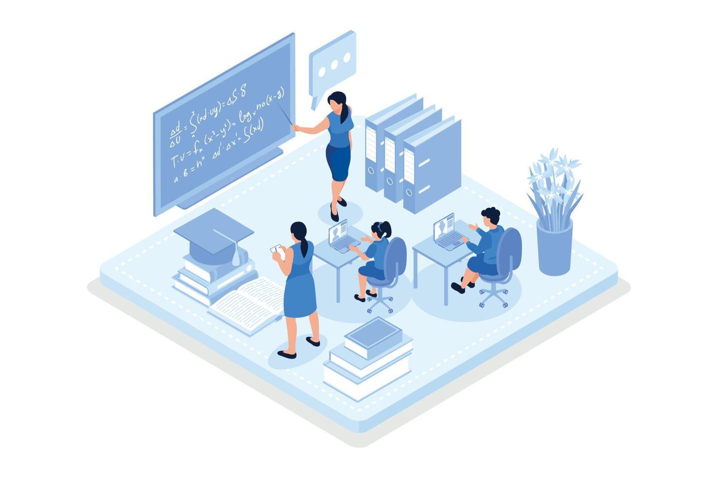 Student Learning Online at Home. Character Sitting at Desk, Looking at Laptop and Studying with Smartphone, Books and Exercise Books. Online Education Concept, isometric vector modern illustration