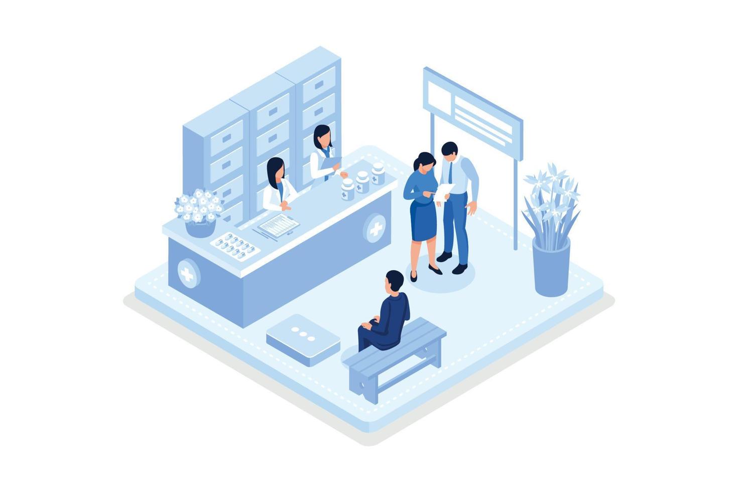Doctor pharmacist and patient in drugstore. Can use for web banner, infographics, hero images, isometric vector modern illustration