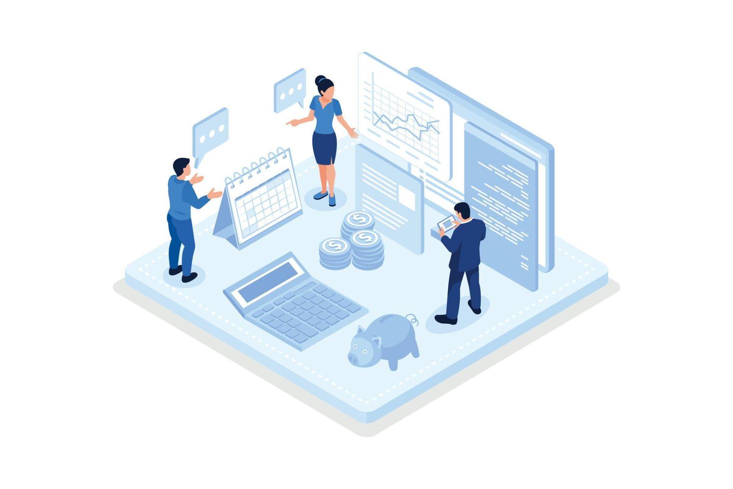 Office Desk with Documents for Tax Calculation. Finance Report with Graph Charts. Calendar show Tax Payment Date. Accounting and Financial Management Concept, isometric vector modern illustration