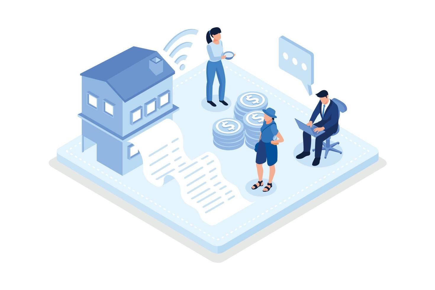 Sustainability illustration set. Characters calculating and paying electricity, utilities and household invoice bills. Home finances management and sustainable housing concept. vector