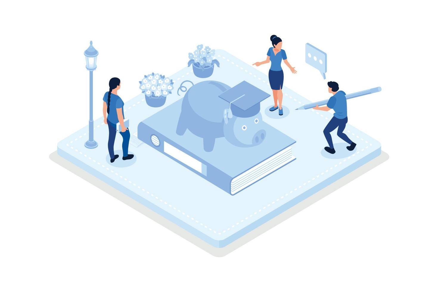 Student characters investing money in education and knowledge, isometric vector modern illustration