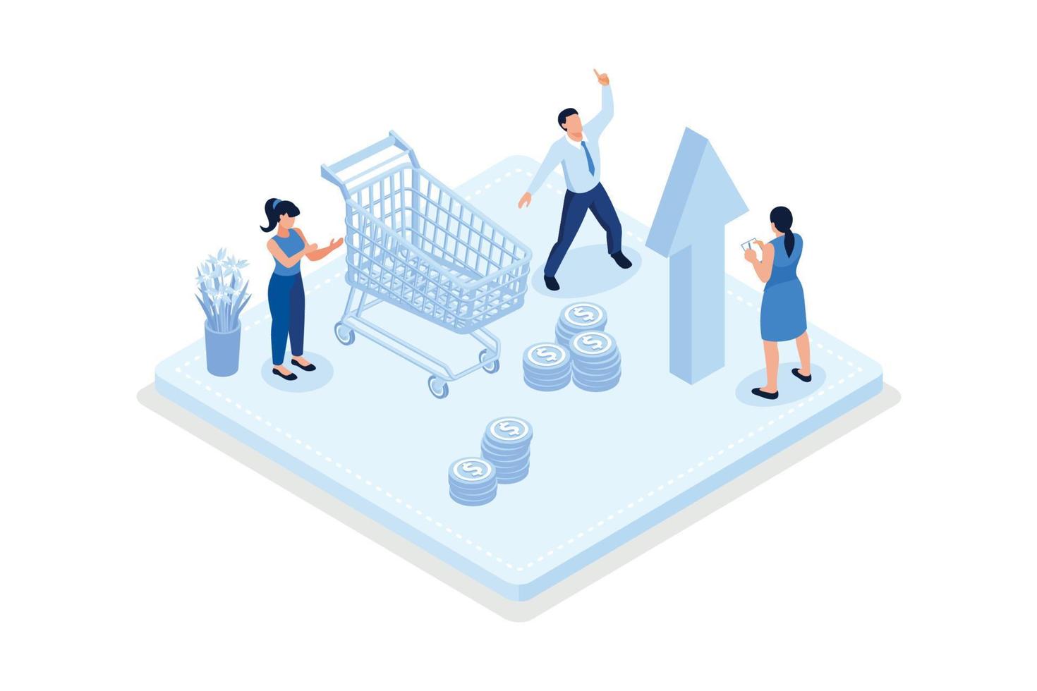 Inflation illustration set. Characters buying food in supermarket and worries about groceries rising price. Consumer price index growth and financial crisis concept. Vector illustration.