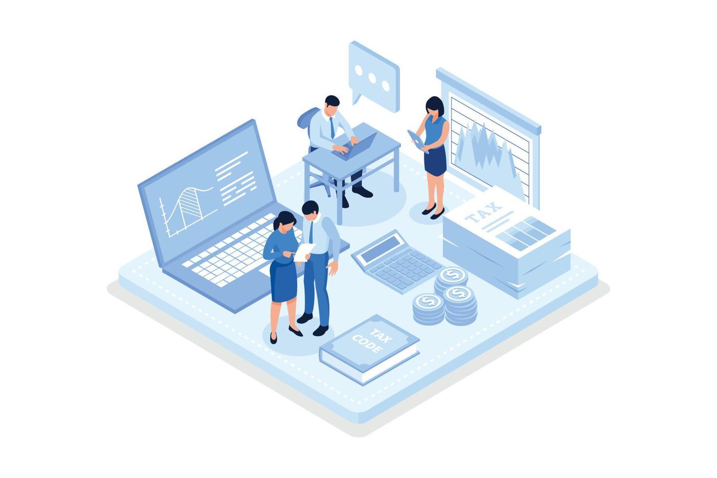 Financial Consultant sitting at Office Desk with Documents for Tax Calculation. Woman Preparing Financial Tax Report. Accountant at Work. Accounting Concept, isometric vector modern illustration