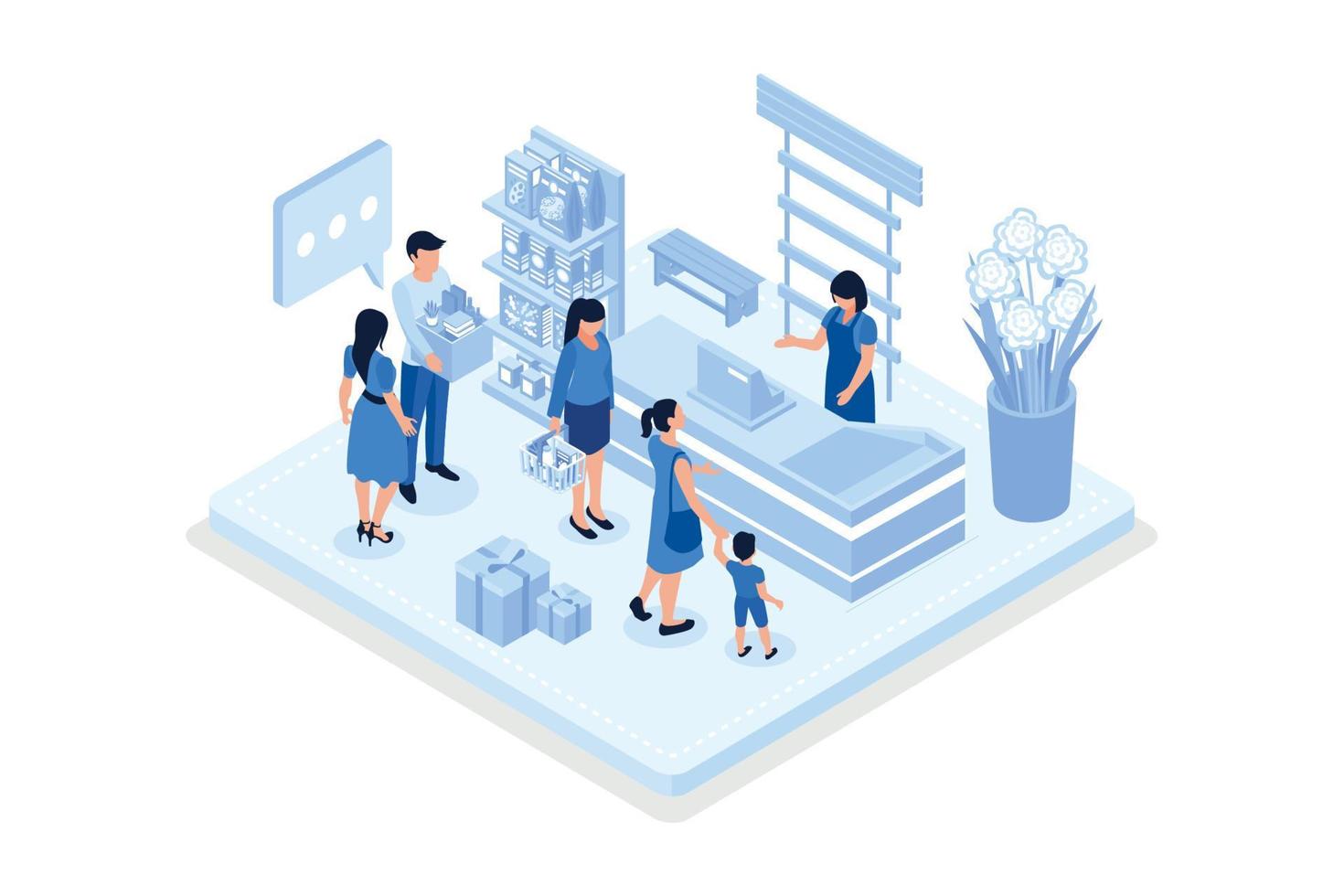 People waiting in line at grocery supermarket. Can use for web banner, infographics, hero images, isometric vector modern illustration