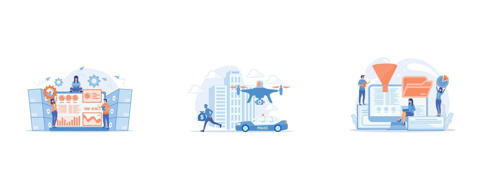 Laptop with data visualization software and developers working, Police car and drone tracking thieve in mask with money and crime scene, Dashboard consolidating metrics on computer screen, vector