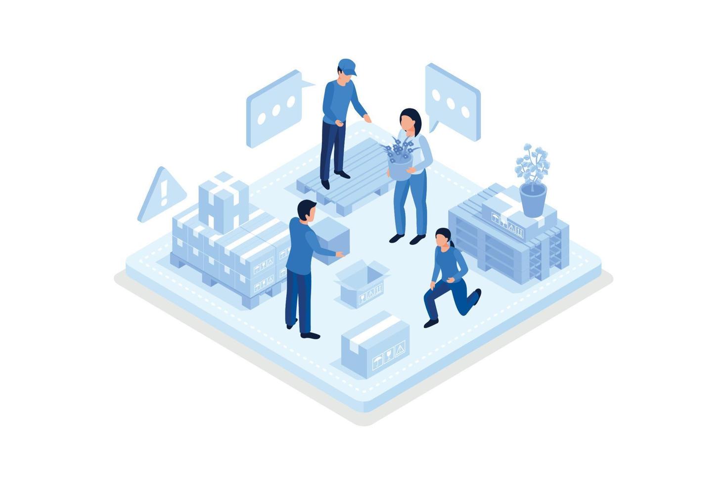 Ready for Transportation Carton Boxes Stack standing on Floor. Different Personal Stuff packed in Boxes. House Moving and Relocation Services Concept, isometric vector modern illustration