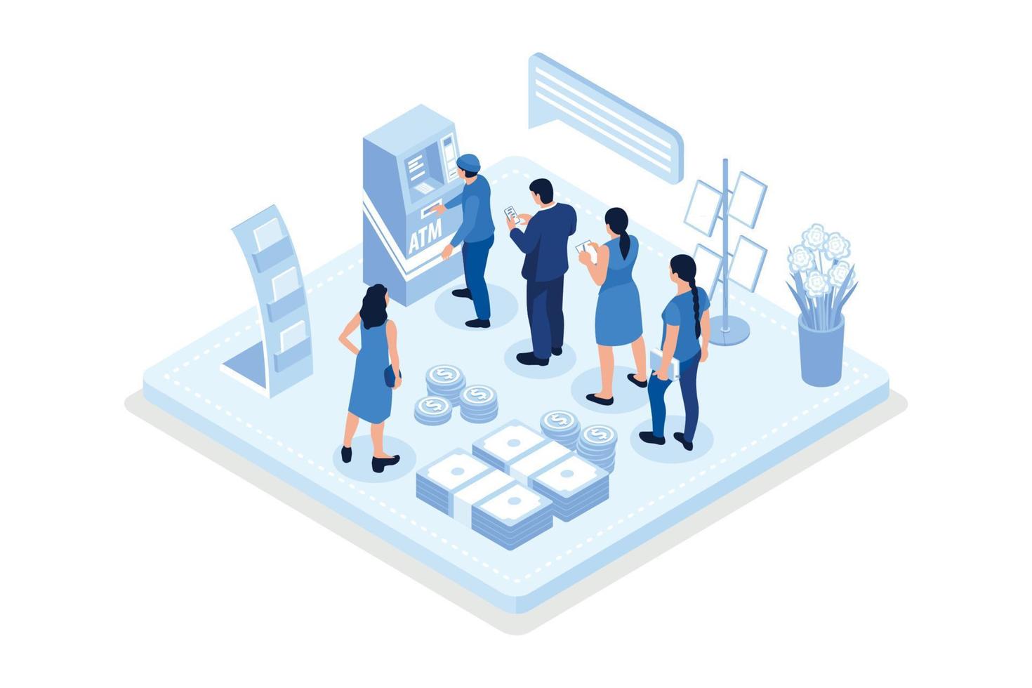 People waiting in line near atm machine. Can use for web banner, infographics, hero images, isometric vector modern illustration