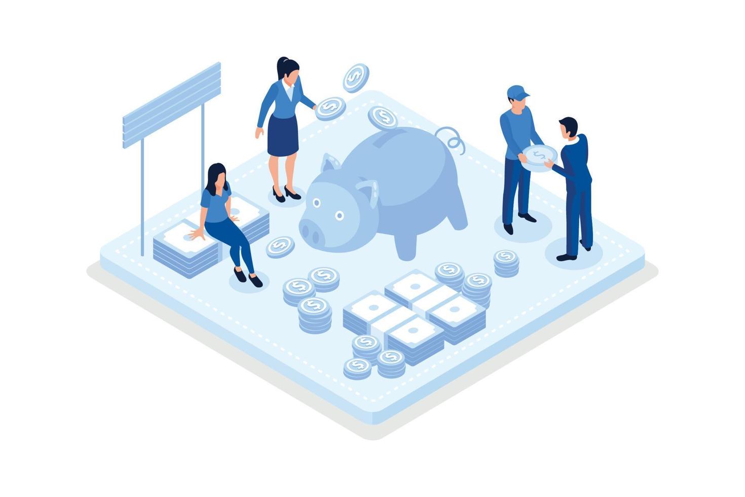 People Characters Standing near Piggy Bank, Gold Coins Stack and Banknotes Bundle. Woman and Man Holding Dollar Coins. Saving Money or Cash Back Concept, isometric vector modern illustration