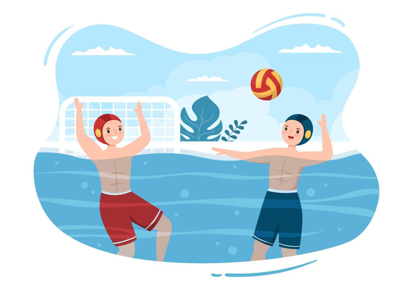 jugador de waterpolo jugando para lanzar la pelota en la portería del oponente en la piscina en dibujos animados planos dibujados a mano ilustración de plantillas vector