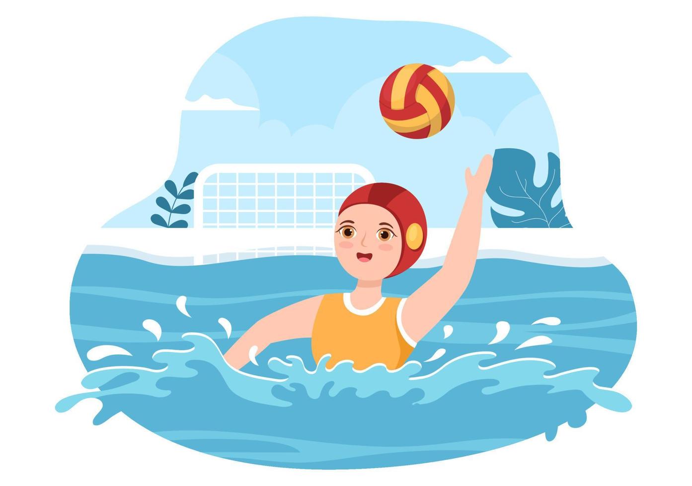 Water Polo Sport Player Playing to Throw the Ball on the Opponent's Goal in the Swimming Pool in Flat Cartoon Hand Drawn Templates Illustration vector