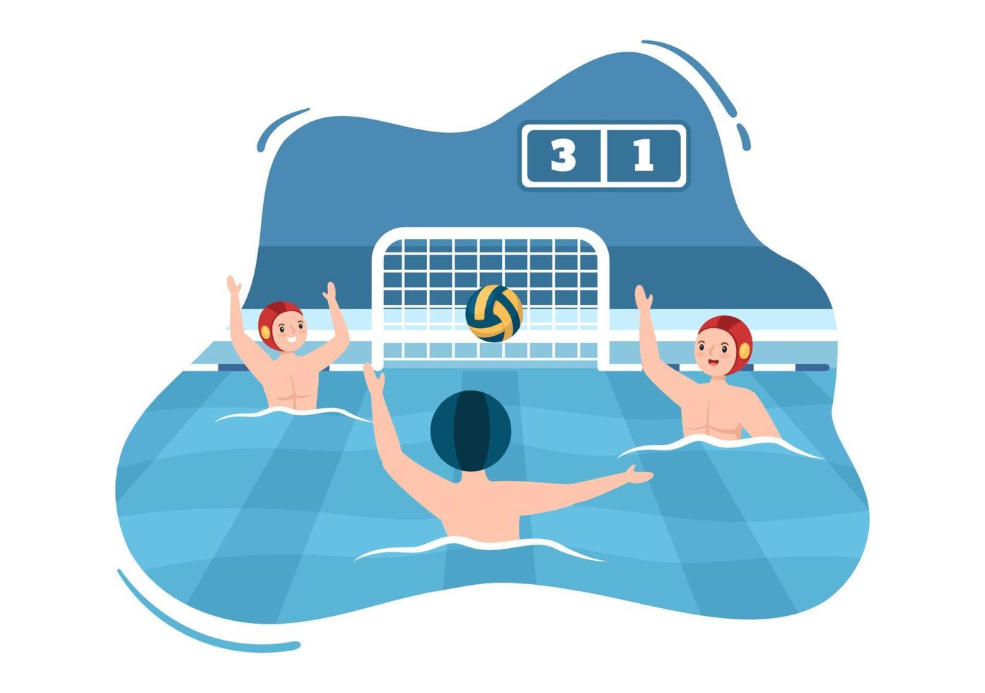 jugador de waterpolo jugando para lanzar la pelota en la portería del oponente en la piscina en dibujos animados planos dibujados a mano ilustración de plantillas vector