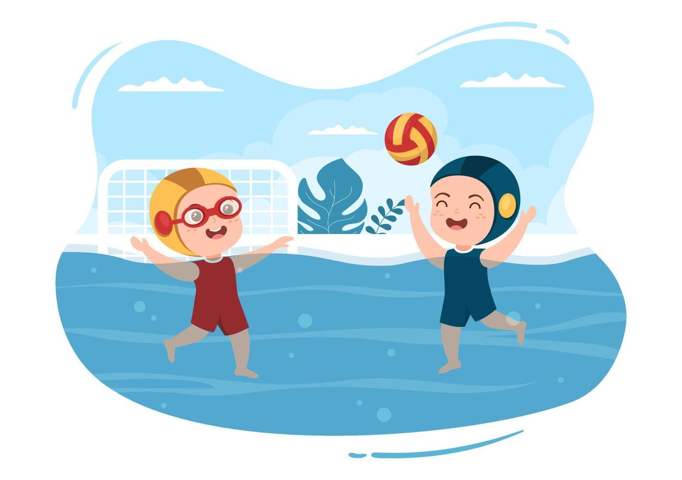 jugador de waterpolo jugando para lanzar la pelota en la portería del oponente en la piscina en dibujos animados planos dibujados a mano ilustración de plantillas vector