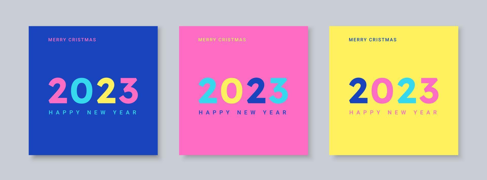 Creative modern concept of 2023 Happy New Year posters set. Design templates with text 2023. Y2k style, neon bright colors. Minimalistic trendy backgrounds for banner, cover, logo, card, poster. vector