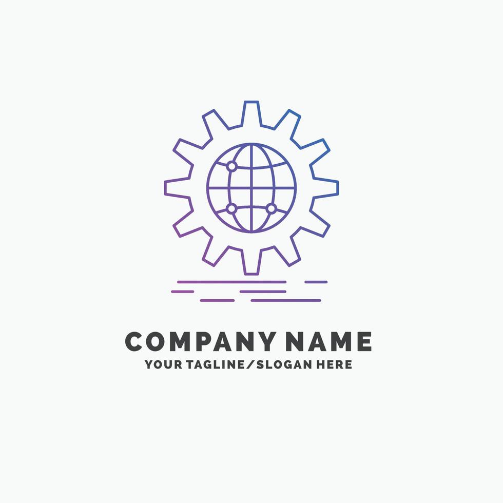 internacional. negocio. globo. en todo el mundo. plantilla de logotipo de empresa púrpura de engranajes. lugar para el eslogan vector