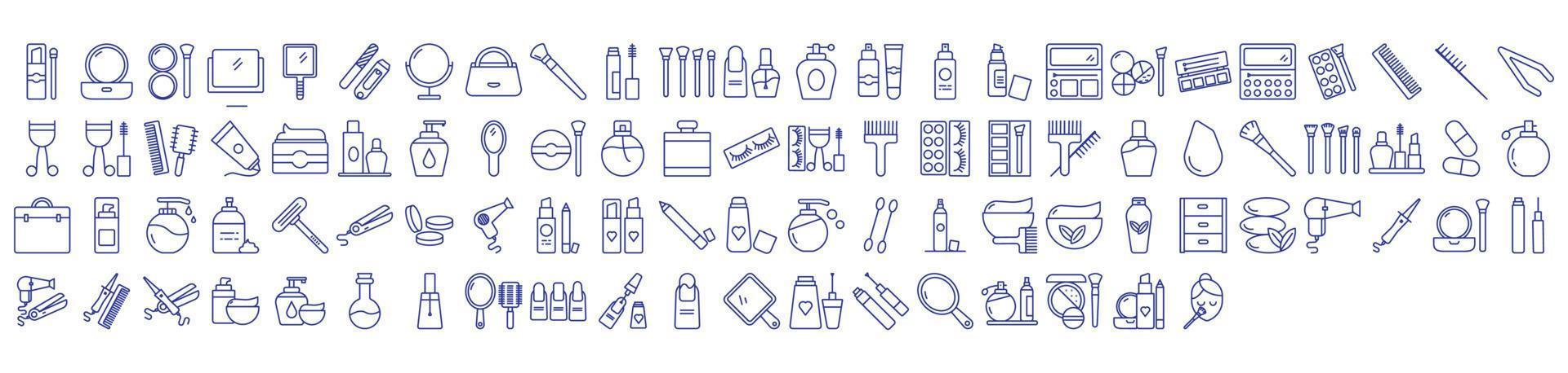 Collection of icons related to Cosmetics and makeup, including icons like Lipstick, Brush, Makeup Bag and more. vector illustrations, Pixel Perfect