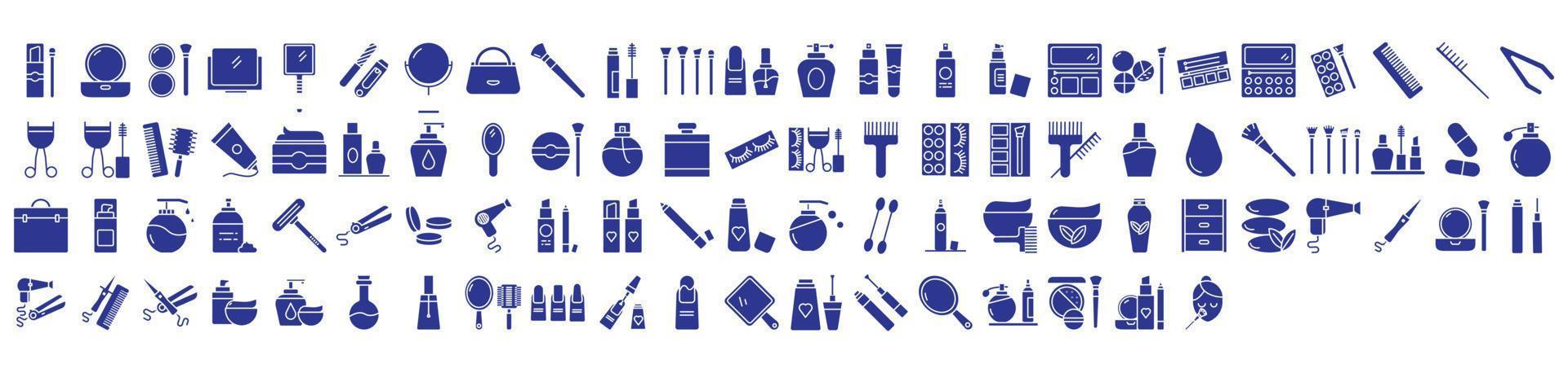 Collection of icons related to Cosmetics and makeup, including icons like Lipstick, Brush, Makeup Bag and more. vector illustrations, Pixel Perfect