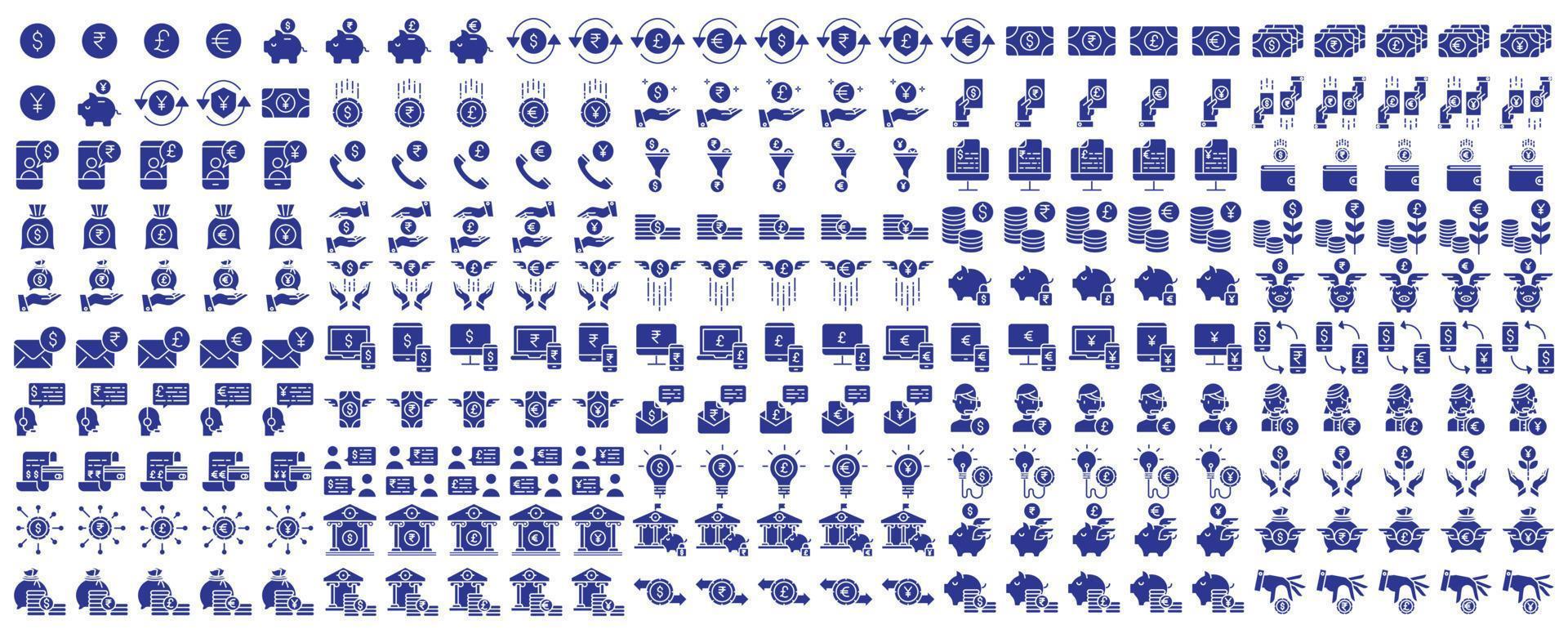Collection of icons related to Economy and Currency, including icons like Dollar, Euro, Rupee, Pound and more. vector illustrations, Pixel Perfect
