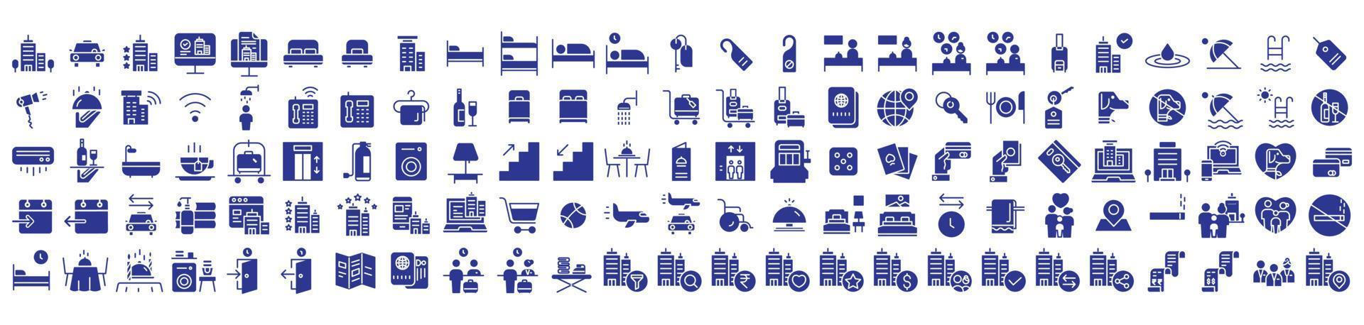 Collection of icons related to Hotel and lodge, including icons like Restaurant, Taxi, Room, Spa and more. vector illustrations, Pixel Perfect