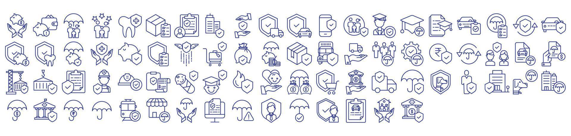 Collection of icons related to Insurance and risk management, including icons like Health insurance, protection, shield, Umbrella and more. vector illustrations, Pixel Perfect