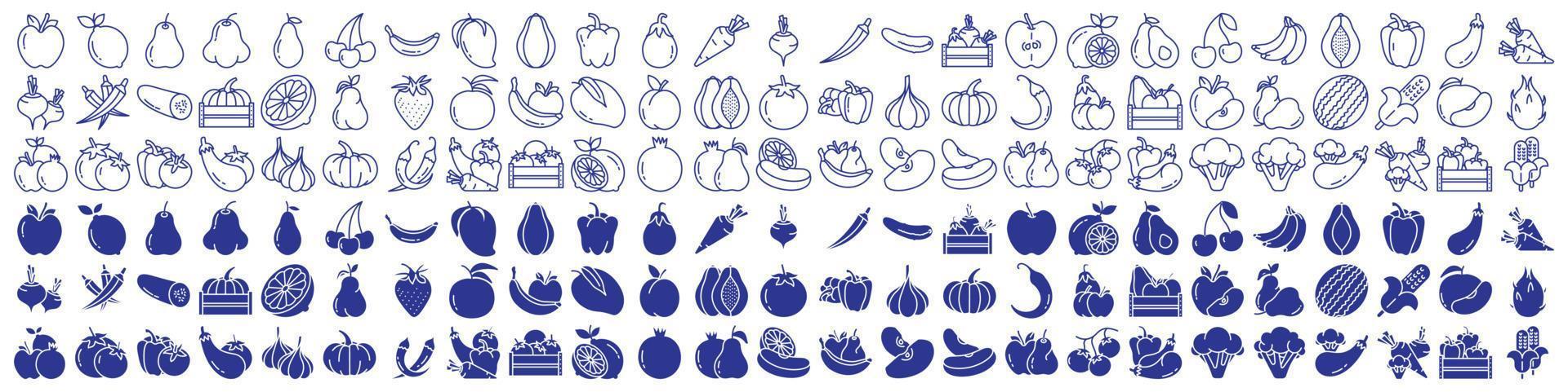 Collection of icons related to Fruits and Vegetables, including icons like Apple, Lemon, Pear, Avocado and more. vector illustrations, Pixel Perfect
