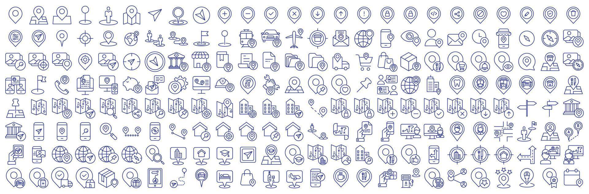 Collection of icons related to Map pin and location Navigation, including icons like Travel, Setting, Target, Earth and more. vector illustrations, Pixel Perfect