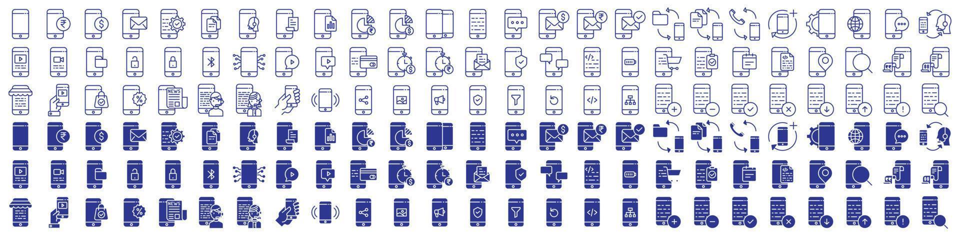 Collection of icons related to Mobile application and development, including icons like Mobile Phone, payment, Settings, Tech Support and more. vector illustrations, Pixel Perfect