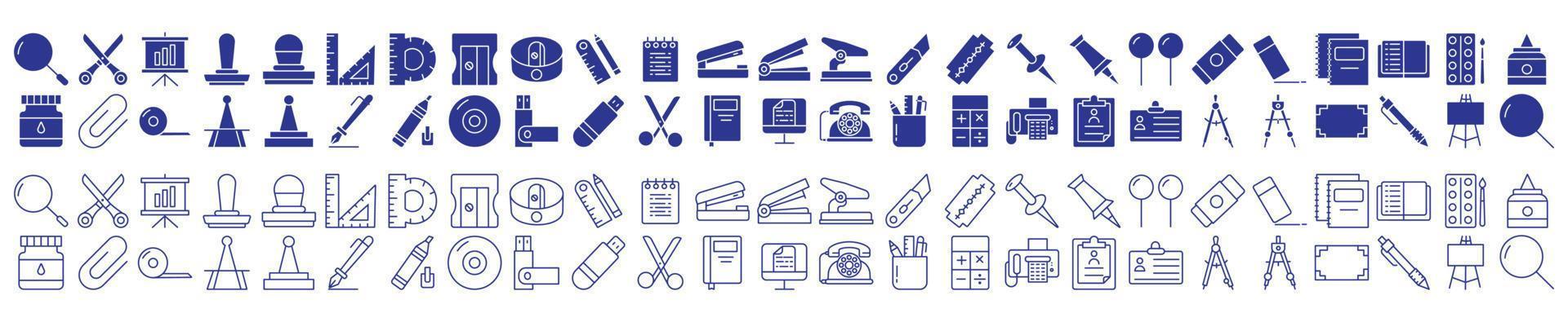 Collection of icons related to Stationery and craft items, including icons like Pen, Magnifier, Scissor, Pencil and more. vector illustrations, Pixel Perfect