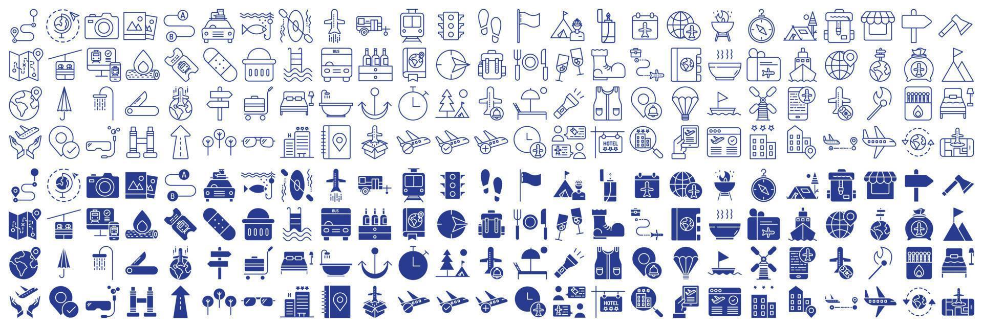 Collection of icons related to Travel and Holiday Vacation, including icons like Map, Flight, Luggage, Forest and more. vector illustrations, Pixel Perfect