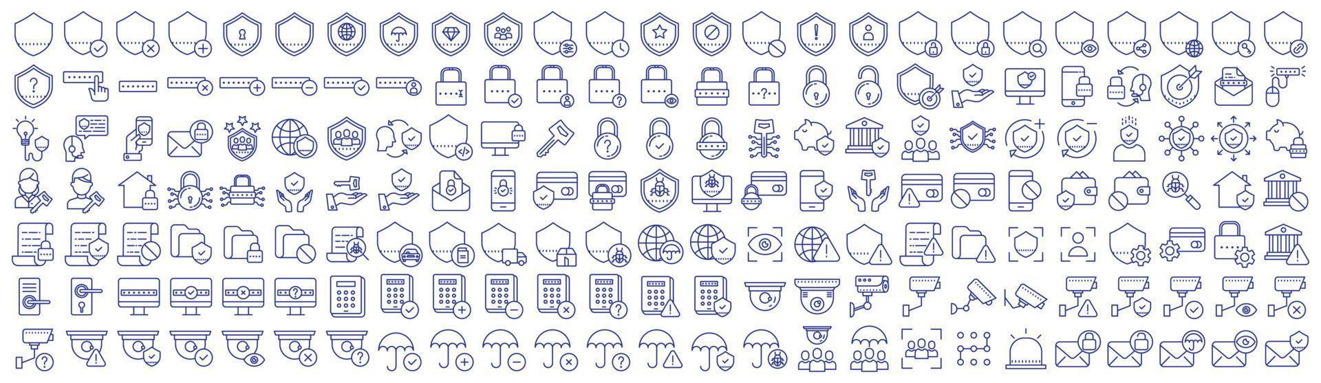 Collection of icons related to Security and protection shield, including icons like Web security, premium, Computer and more. vector illustrations, Pixel Perfect
