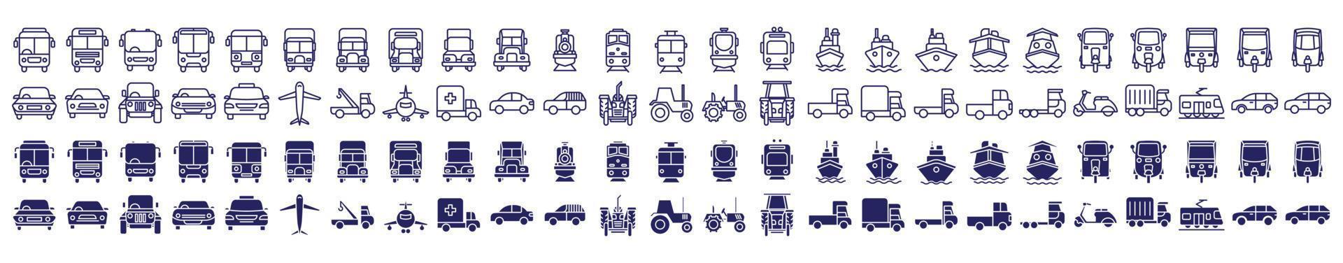 Collection of icons related to Vehicles and public transportation, including icons like Bus, Car, Truck and more. vector illustrations, Pixel Perfect