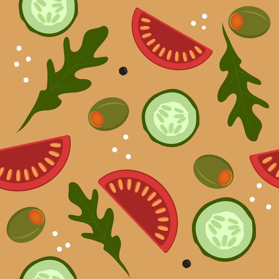 Seamless vegetables salad pattern on beige background. Flat cartoon style, Vector illustration.