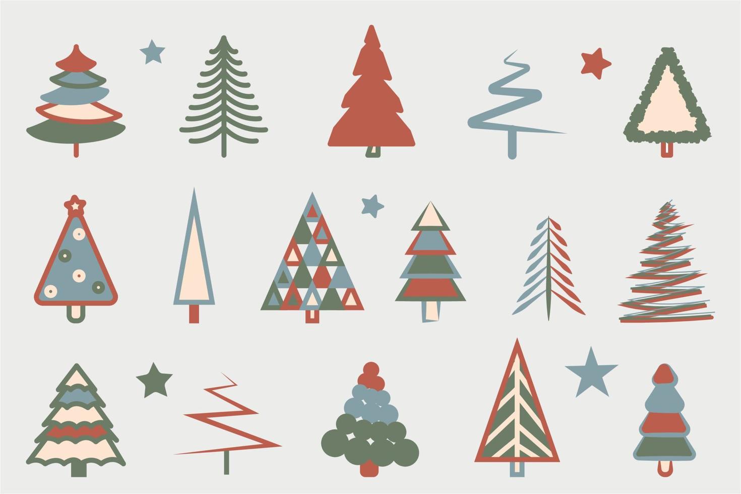 Christmas tree big set with stars. New Year tree collection. Vector illustration.