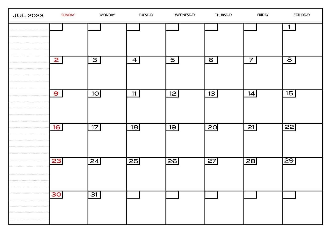 planificador mensual carlendar julio 2023 vector