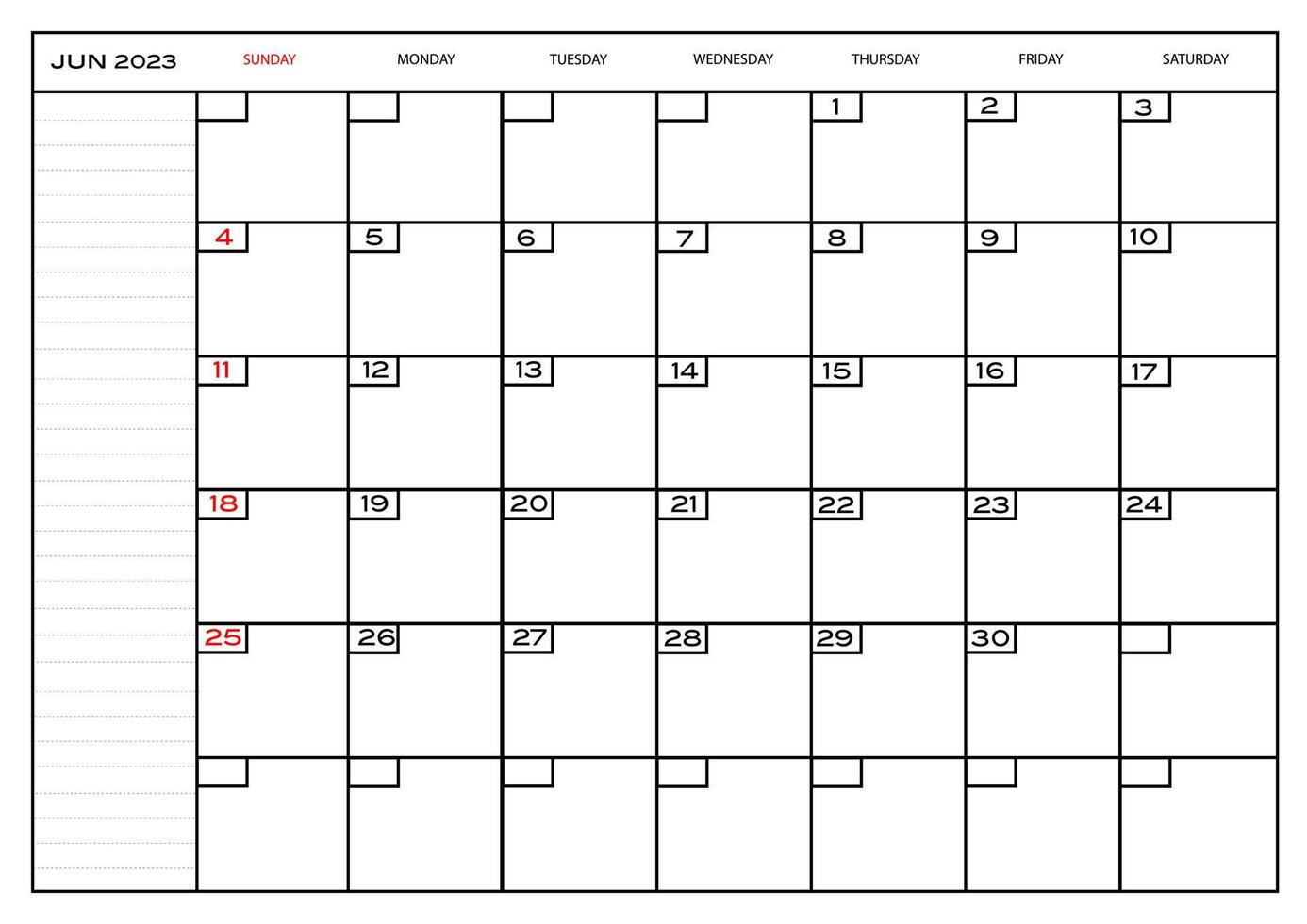 planificador mensual carlendar junio 2023 vector