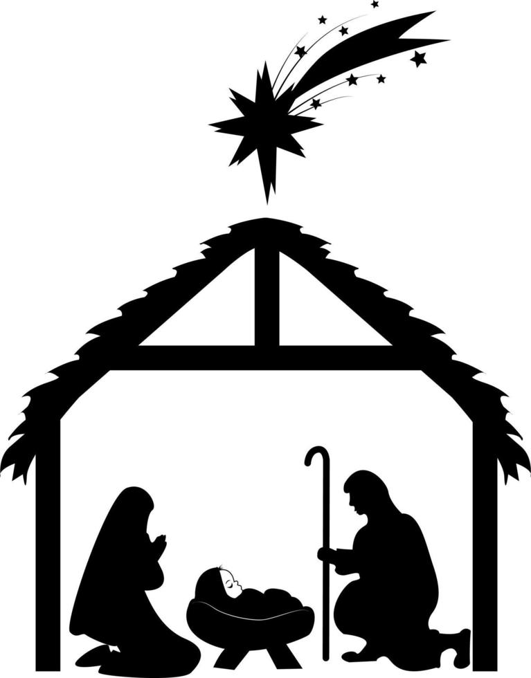 Birth of Christ. Baby Jesus in a manger with Mary and Joseph. Star of Bethlehem. vector
