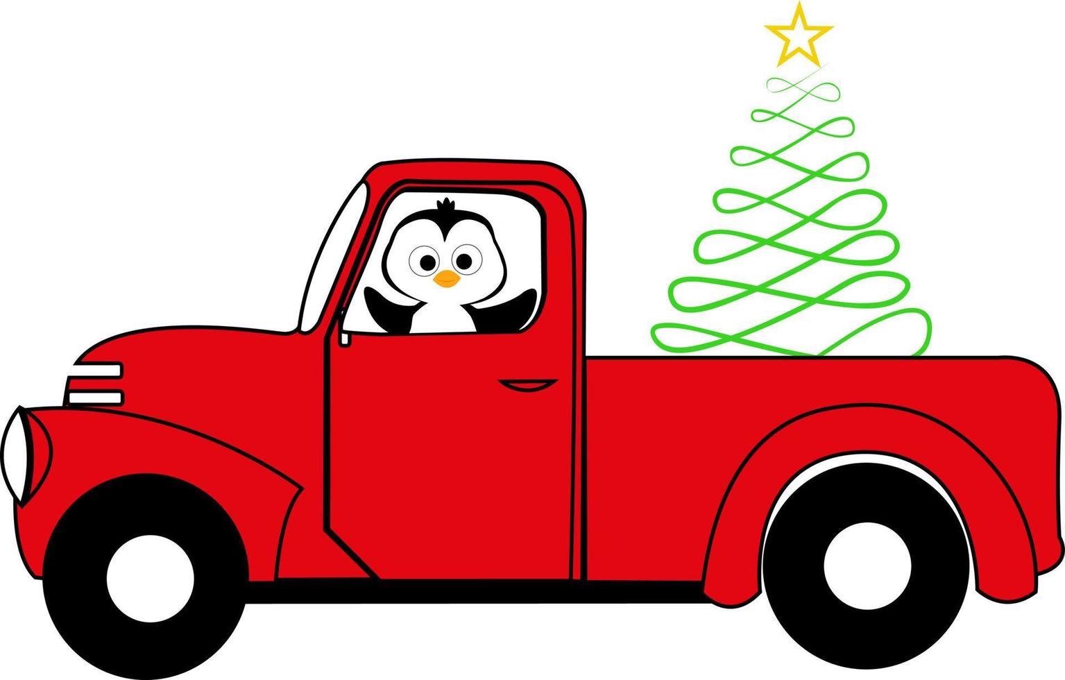 A red car is carrying a Christmas tree with a race at the top. Penguin. New Year. Christmas. vector