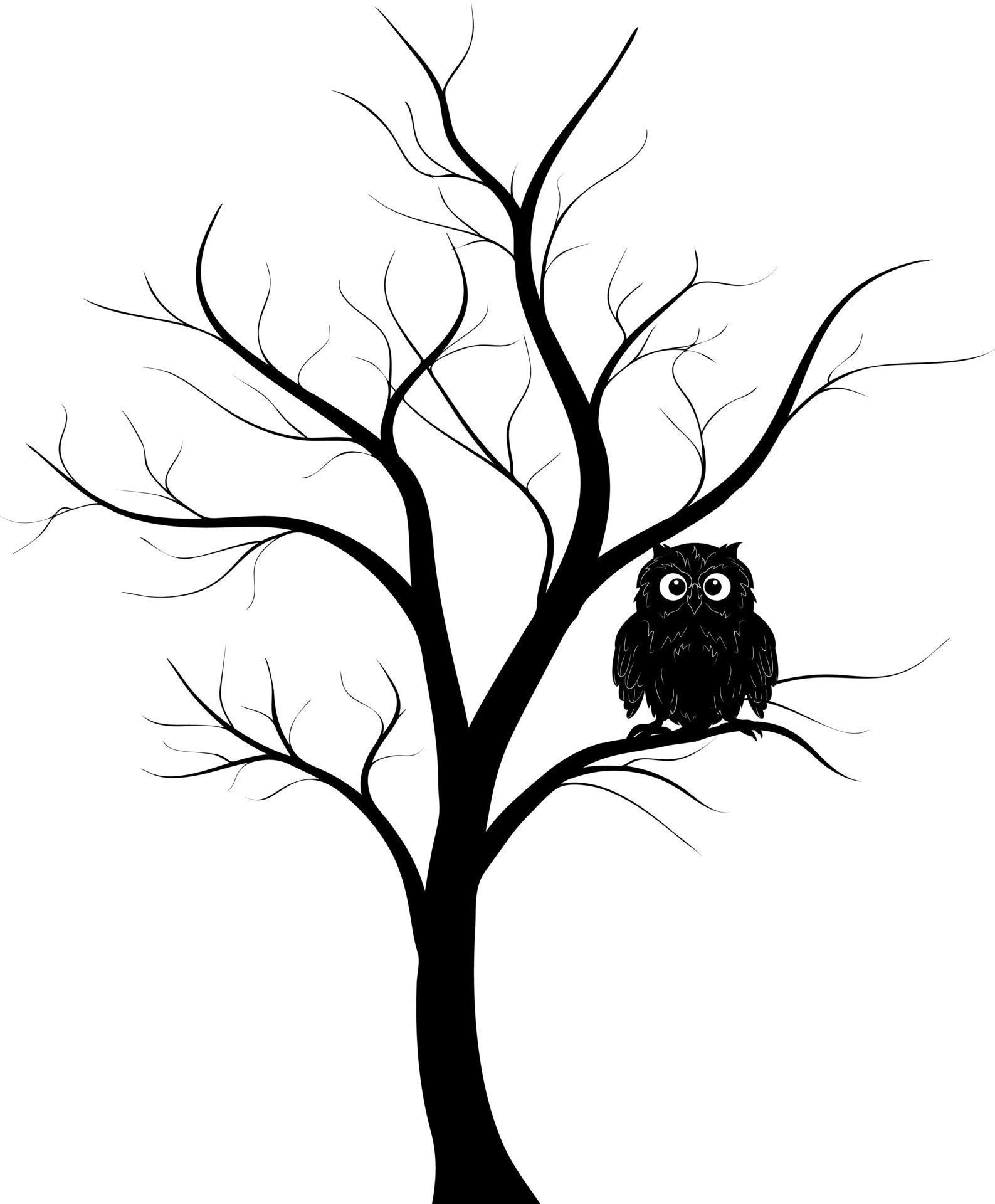 Silhouette of an owl in the full moon on a tree. On a white background