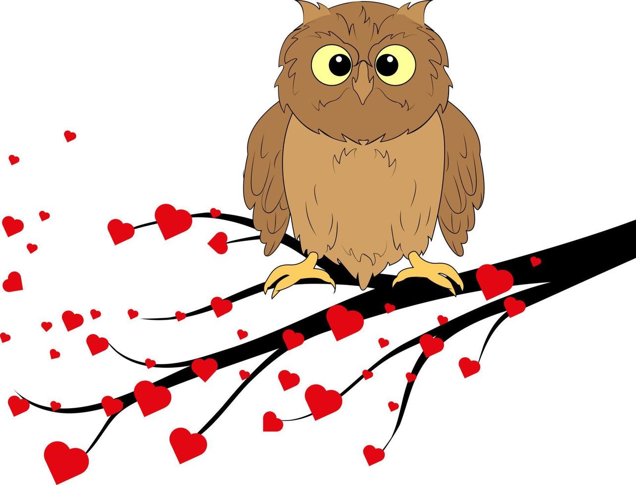 A wise owl bird sits on a tree branch with hearts. White background. Design element. vector