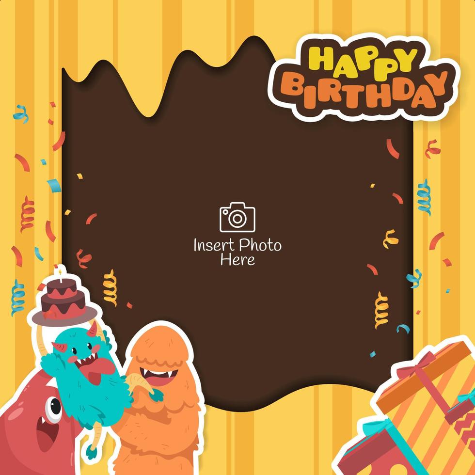 Happy birthday background frame with cute monster characters vector