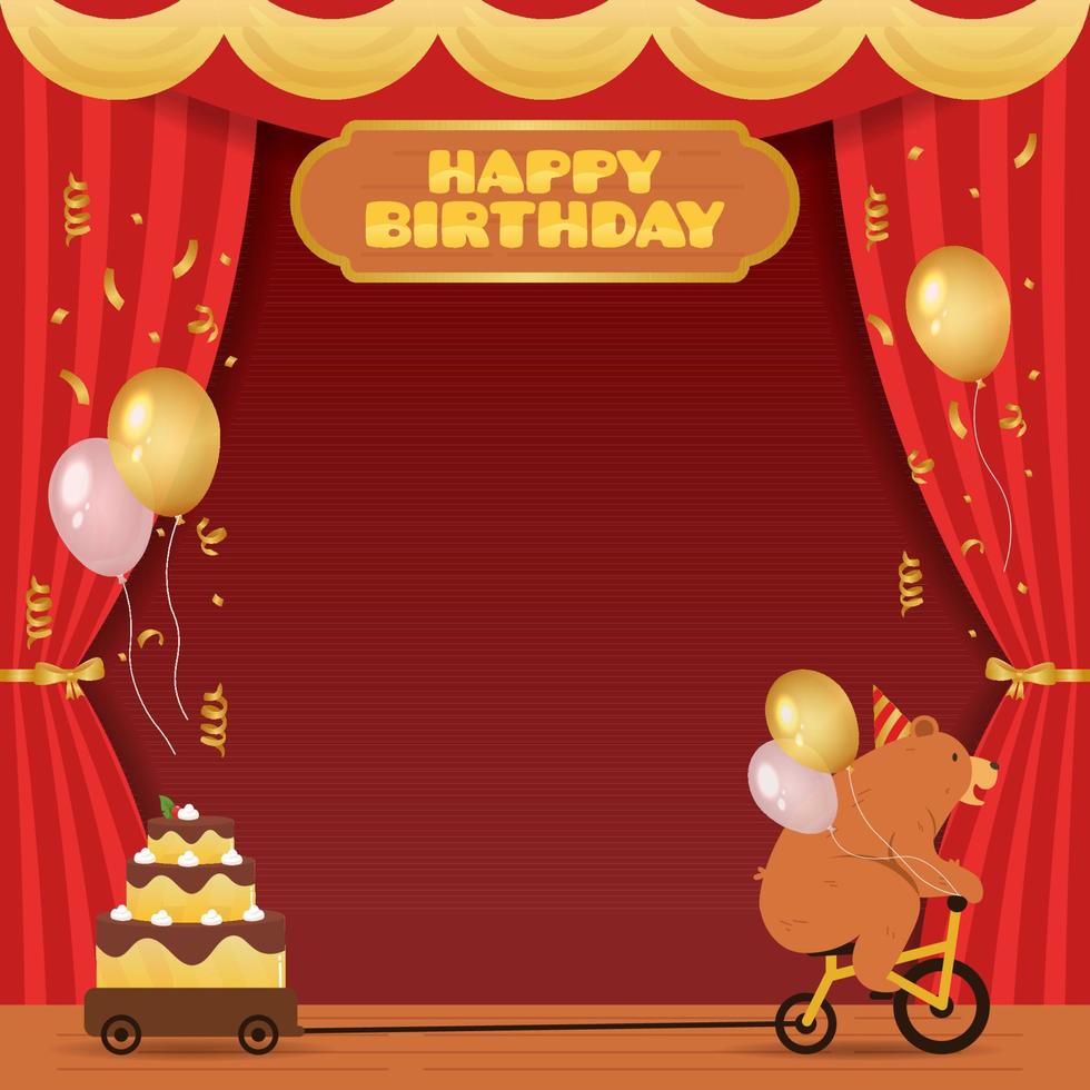 fondo de feliz cumpleaños con ilustración de cortina de teatro y oso vector