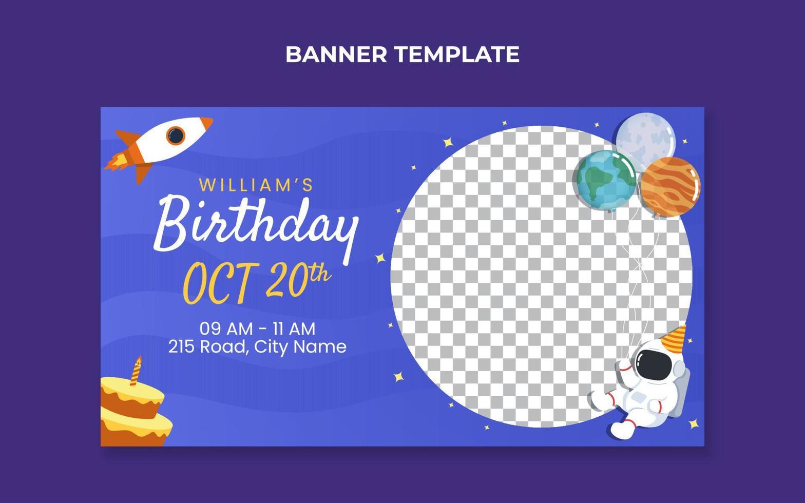 plantilla de banner de invitación de cumpleaños para niños con ilustración de astronauta y cohete vector