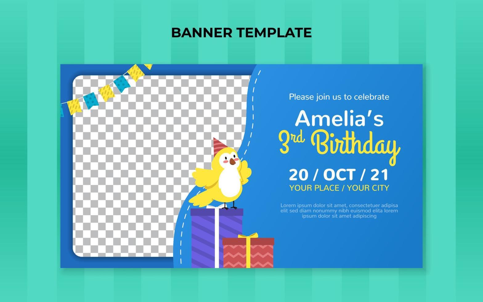 Kids birthday banner template. Suitable for birthday invitation or any other kids event vector