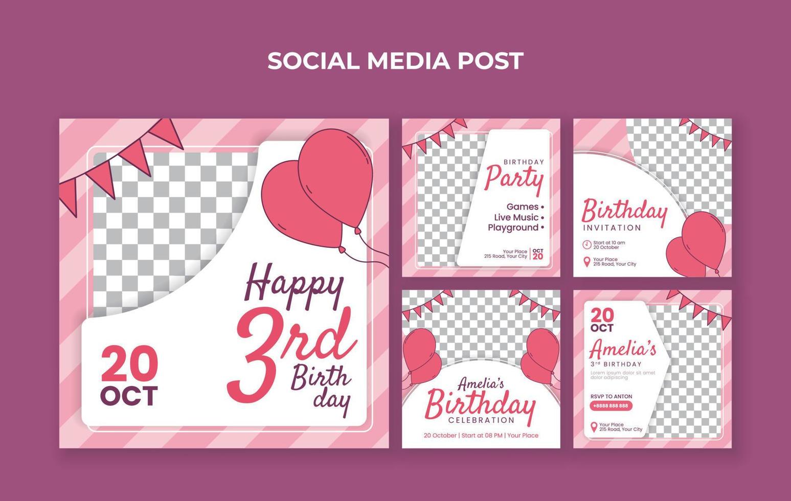 Kids birthday party social media post template. Suitable for kids birthday invitation or any other kids event vector