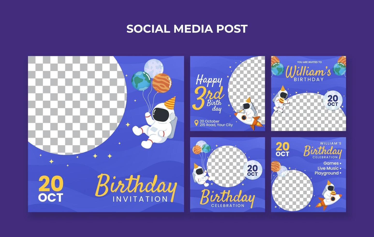 Birthday invitation social media post template with astronaut illustration. Suitable for kids birthday celebration or any other kids event vector