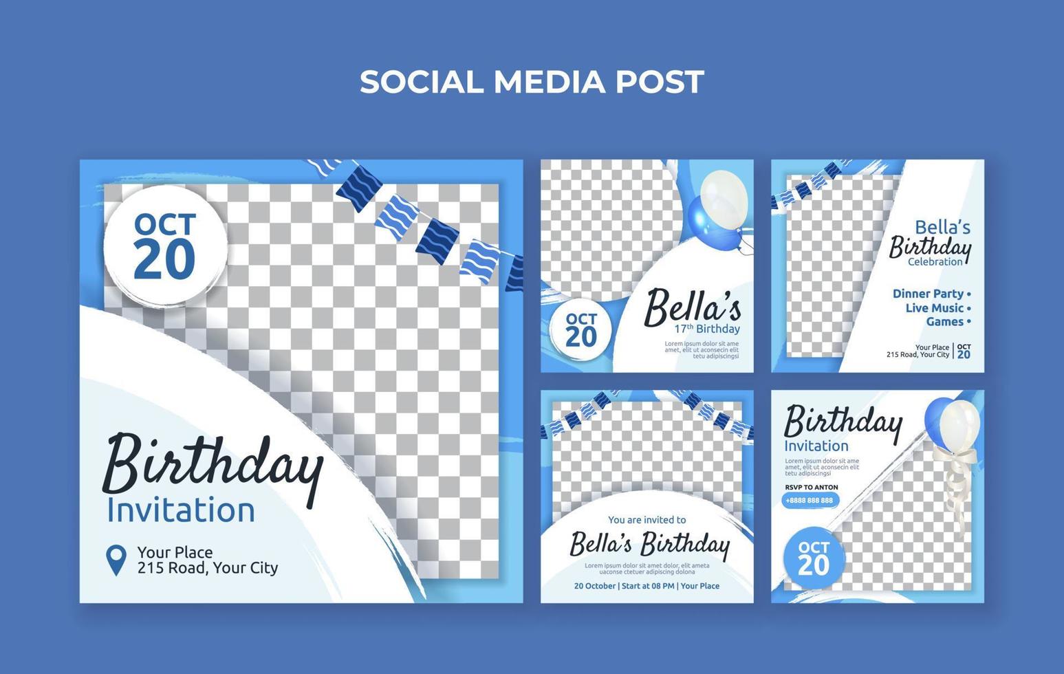 Birthday invitation social media post template. Suitable for birthday celebration, wedding party and anniversary event vector