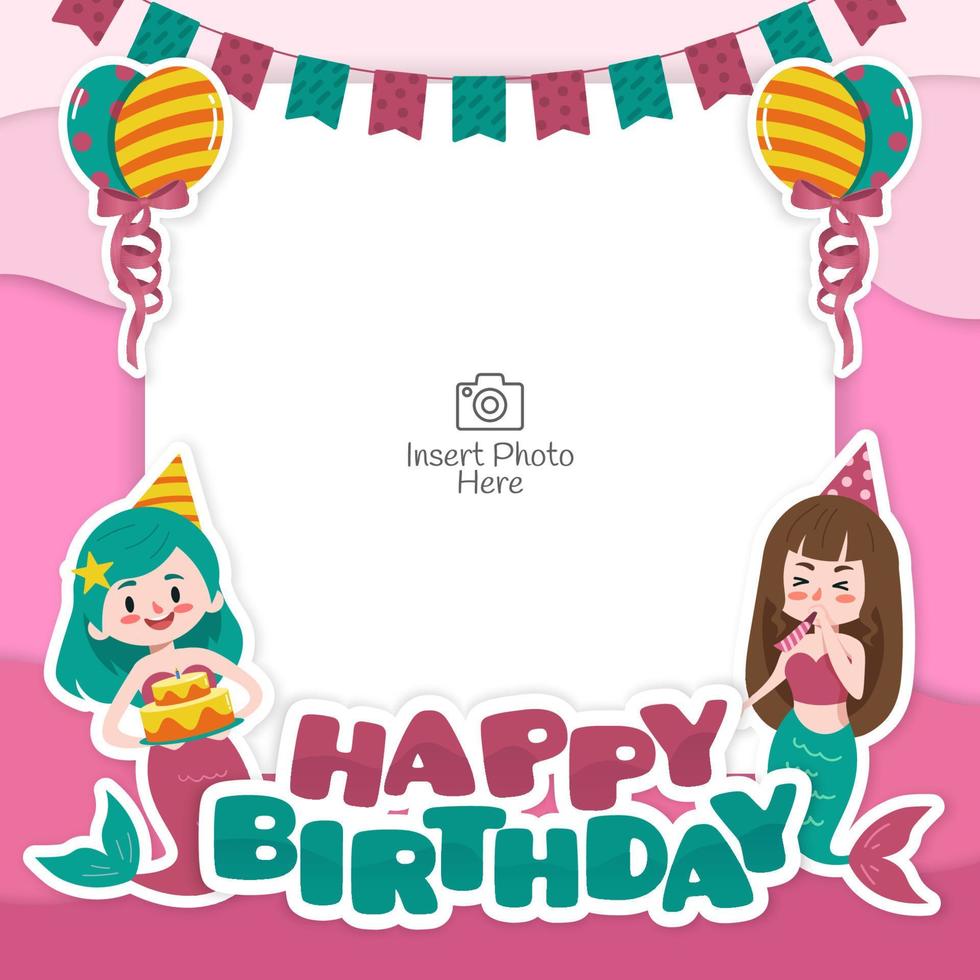 Happy birthday frame with mermaid cartoon characters vector