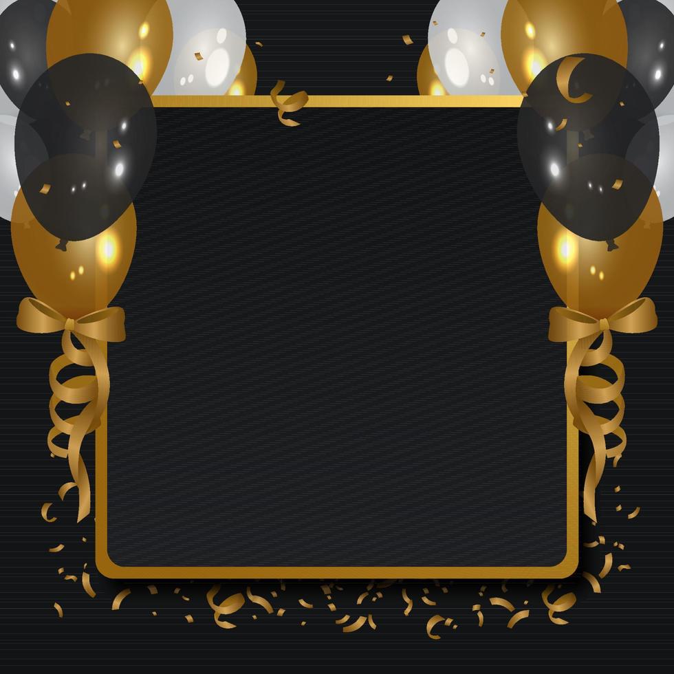 marco dorado con globos y cintas. Adecuado para celebraciones de cumpleaños, bodas y eventos de aniversario. vector